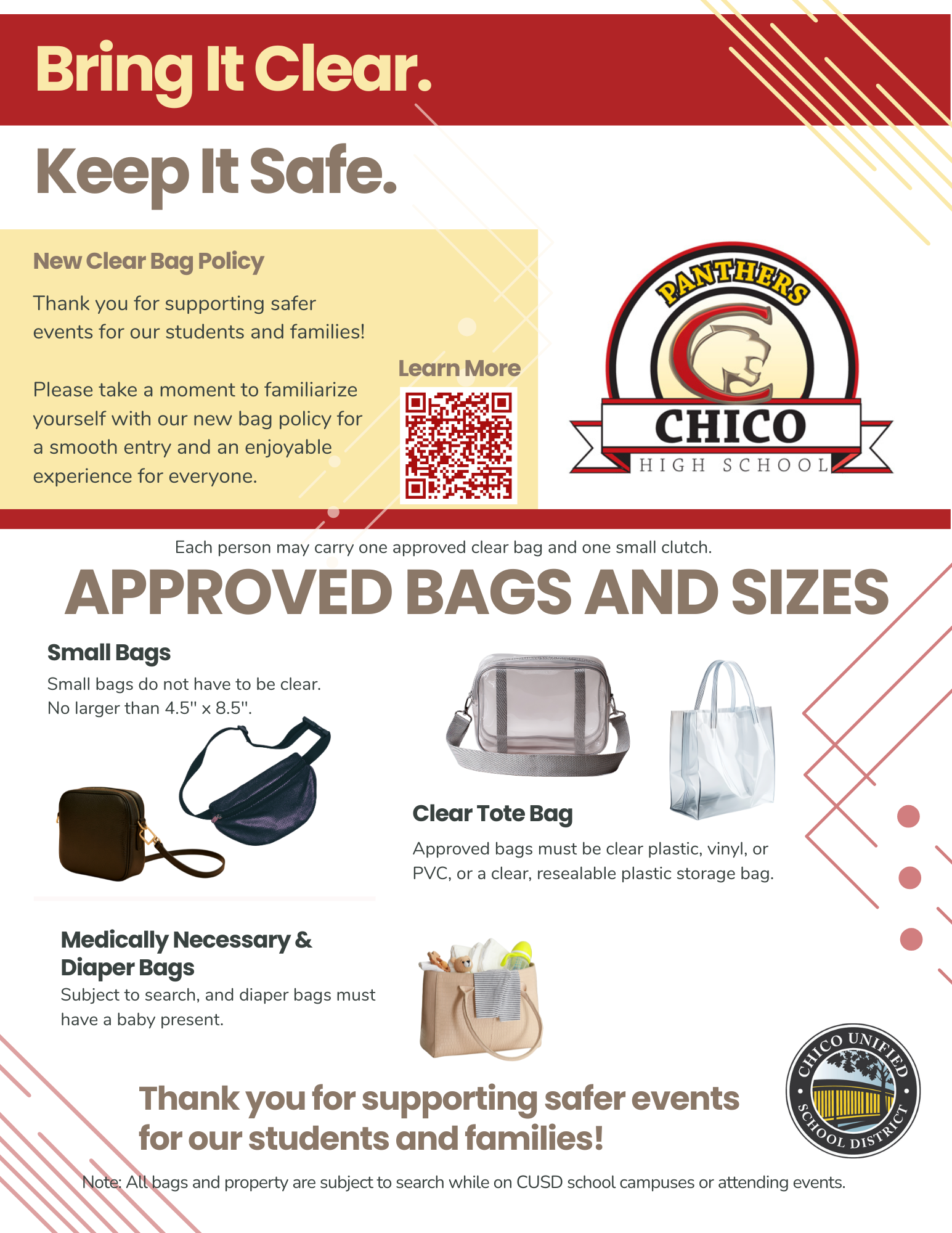 Clear Bag Policy Poster showing bag styles